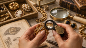 Vintage jewellery materials used for authentication including metals, crystals, enamel and pearls.