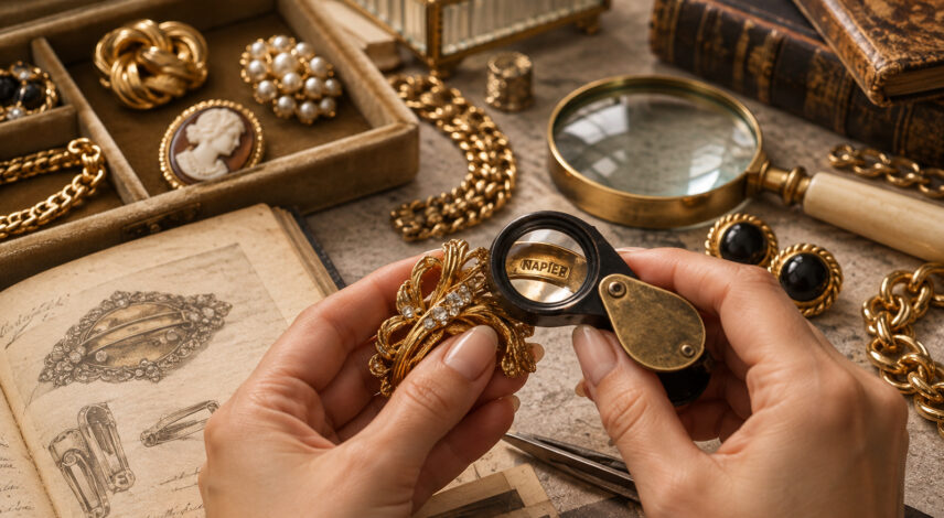 Vintage-Jewellery-Appraisal-Workspace Vintage jewellery materials used for authentication including metals, crystals, enamel and pearls.