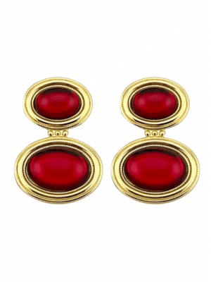 Vintage Gold Red Lucite Cabochon Statement Earrings