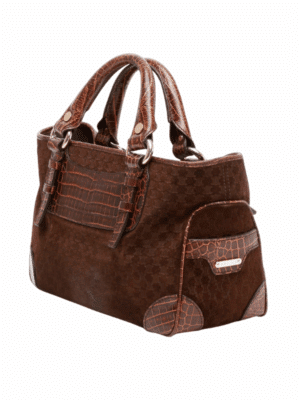 Vintage Celine Boogie Bag in Dark Chocolate Macadam Canvas with Crocodile-Embossed Leather