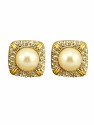 Vintage 1980s Gold Pearl Crystal Clip-On Earrings