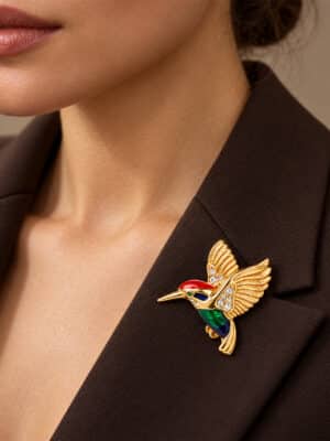 Vintage Attwood & Sawyer Hummingbird Brooch On Model