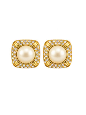 Vintage 1980s Gold Pearl Crystal Clip-On Earrings