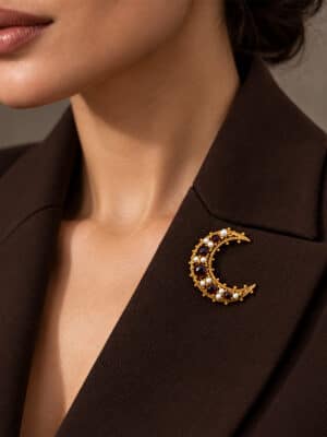 Vintage Crescent Moon Brooch On Model