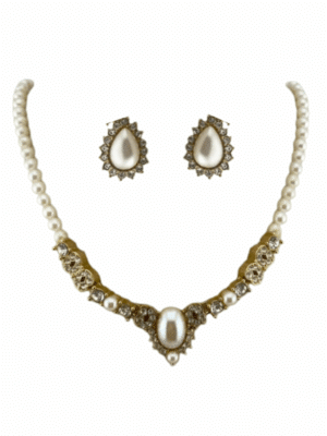1970s Rare Vintage Monet Faux Pearl & Crystal Necklace and Earring Set