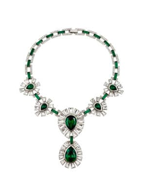 Vintage Emerald Green Swarovski Crystal Starburst Bib Necklace featuring authentic Swarovski crystal components in a silver-tone setting.