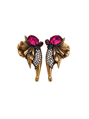 Vintage 1980s Magenta Crystal Floral Clip-On Earrings