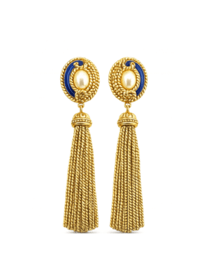 Vintage 1980s Gold Pearl Blue Enamel Tassel Clip-On Earrings