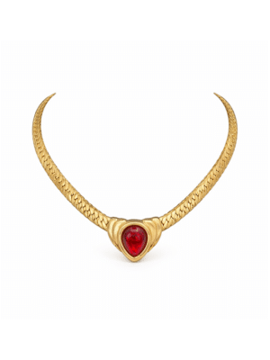 Vintage 1980s Napier Gold Choker Necklace Red Teardrop Jelly Glass