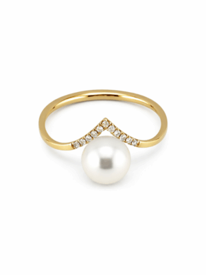 14ct Solid Gold Natural Diamond Pearl Chevron V Ring