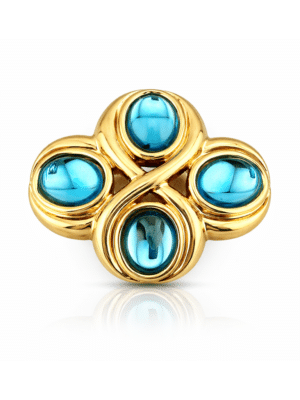 Vintage 1980s Monet gold tone brooch with blue cabochon glass stones, designer signed statement pin