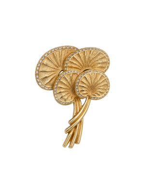 Signed vintage Christian Dior mushroom brooch with gold-tone finish and crystal-set mushroom caps.