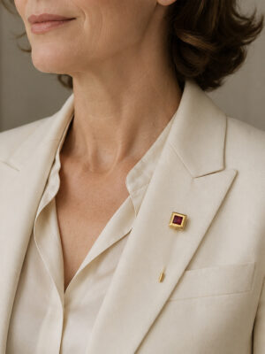 Woman wearing a vintage Monet gold square magenta crystal stick pin on the lapel of a cream blazer.