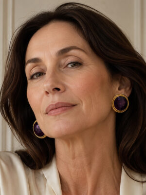 Woman wearing vintage Napier Royalton Collection amethyst Swarovski crystal clip-on earrings.