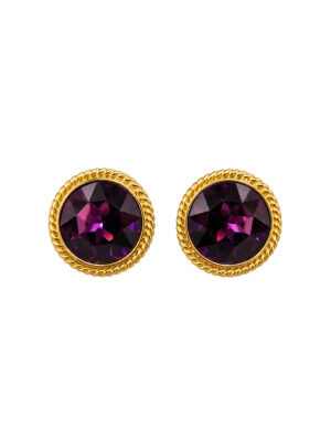 Vintage Napier Royalton Collection clip-on earrings with amethyst Swarovski crystals in gold-tone rope settings.