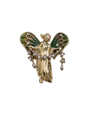 Vintage Monet Gold Angel Fairy Green Plique-à-Jour Enamel Brooch Pin