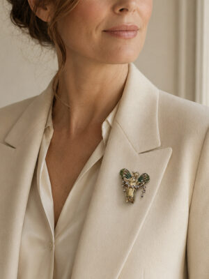 Woman wearing a vintage Monet fairy brooch on a cream tailored blazer featuring green enamel wings and rhinestones.