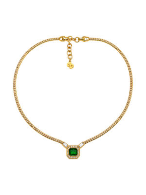 Vintage Christian Dior emerald green Gripoix crystal necklace in gold tone with octagonal pendant, circa 1980s.