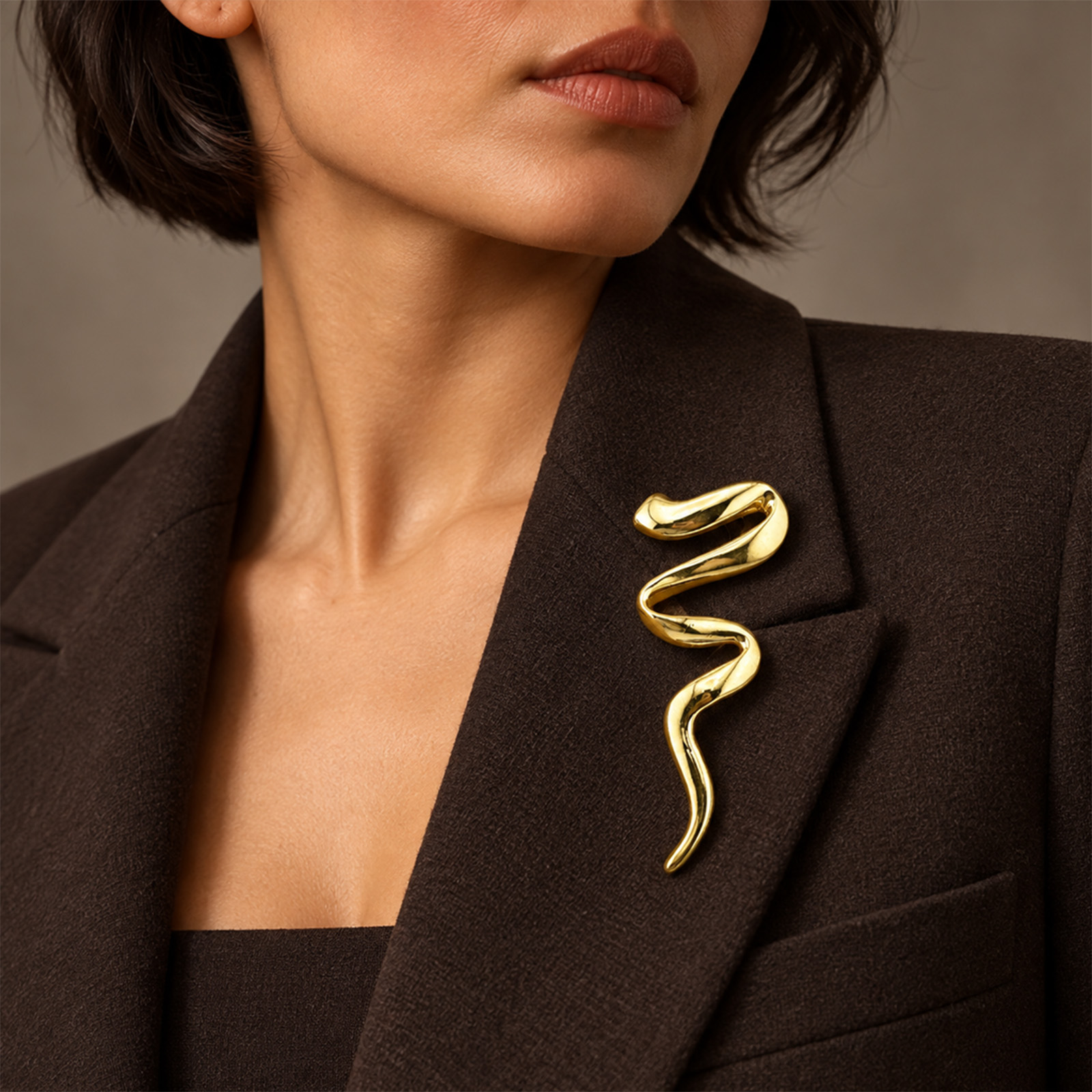 Gold Abstract Snake Brooch On Model