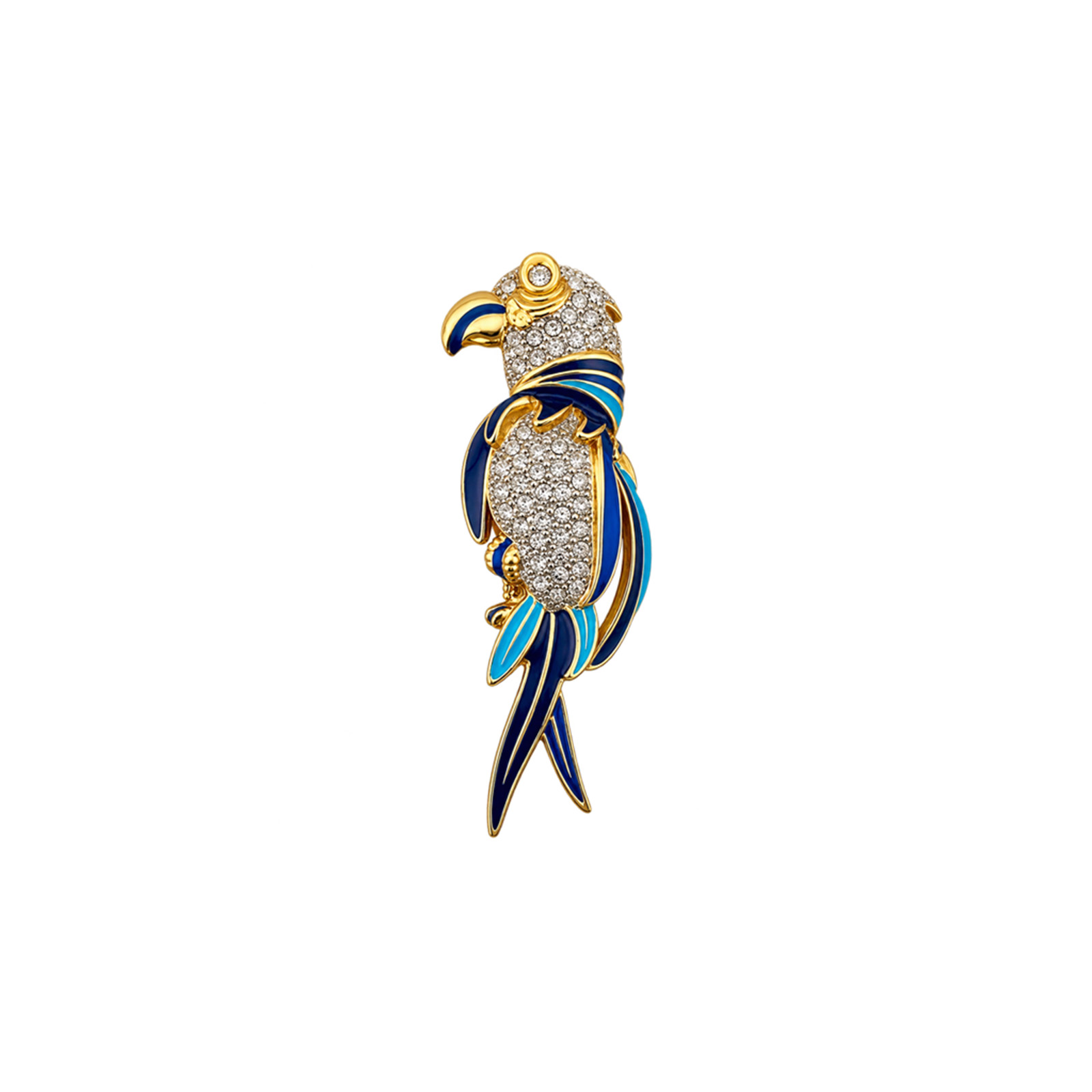 Gold Crystal Enamel Parrot Brooch Front Vintage 1980s Gold Parrot Brooch