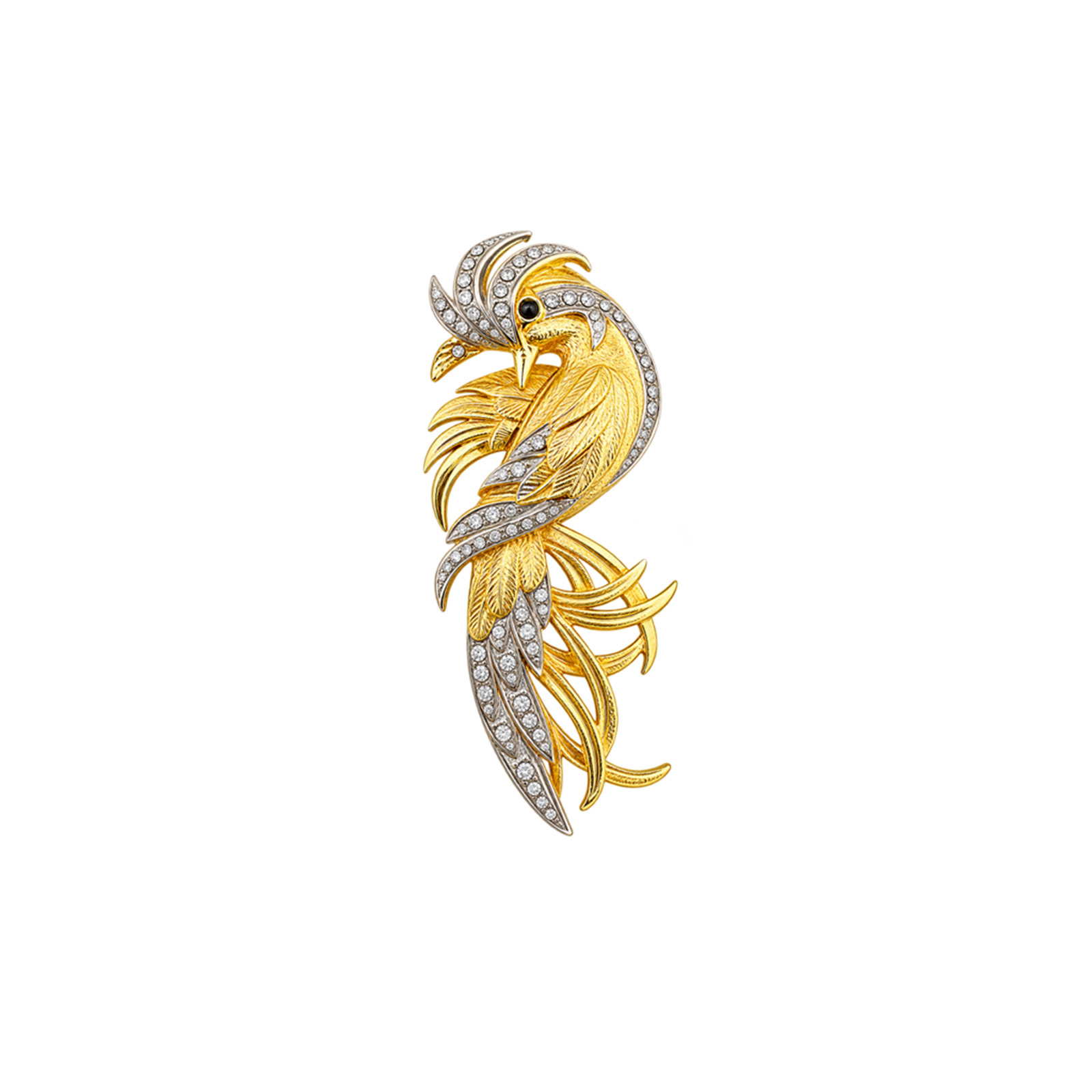 Gold Firebird Crystal Brooch Front Vintage 1980s Phoenix Bird Gold Silver Brooch