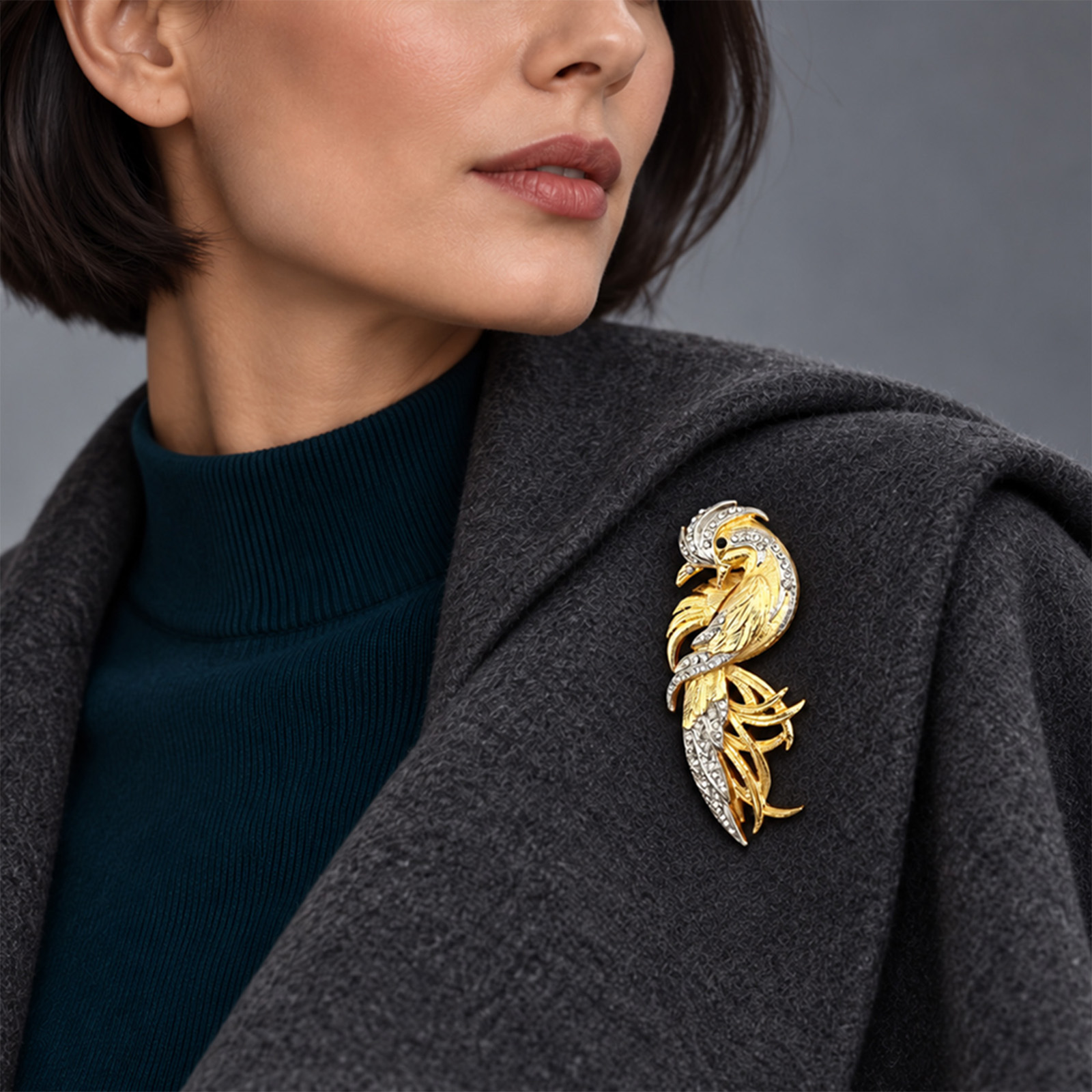 Gold Firebird Crystal Brooch On Model