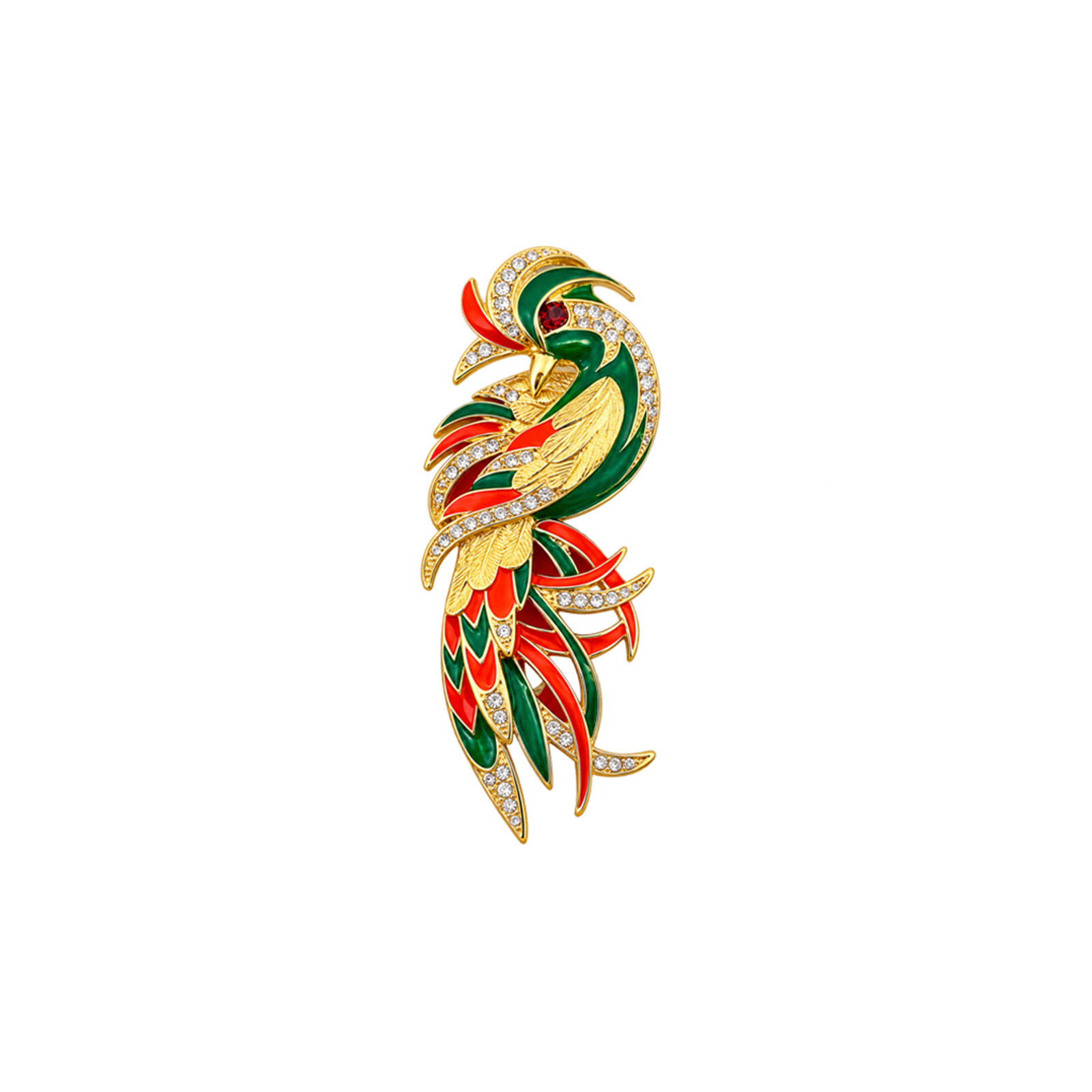 Gold Firebird Green Red Enamel Brooch Front Vintage 1980s Phoenix Bird Brooch