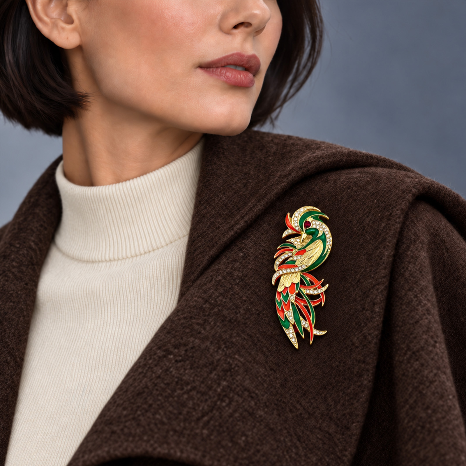 Gold Firebird Green Red Enamel Brooch On Model