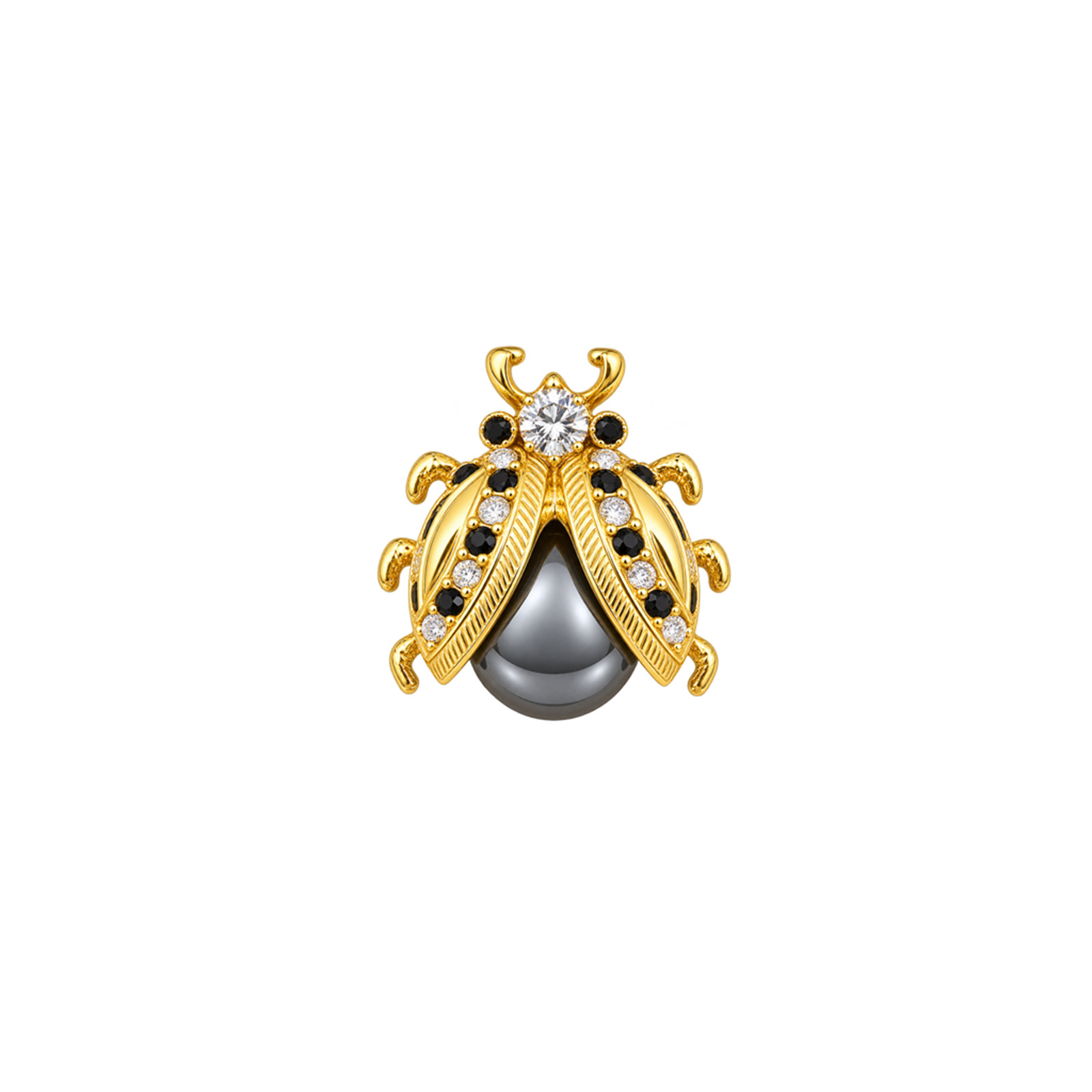 Gold Ladybug Grey Cabochon Brooch Front Vintage Sphinx Gold Ladybug Brooch