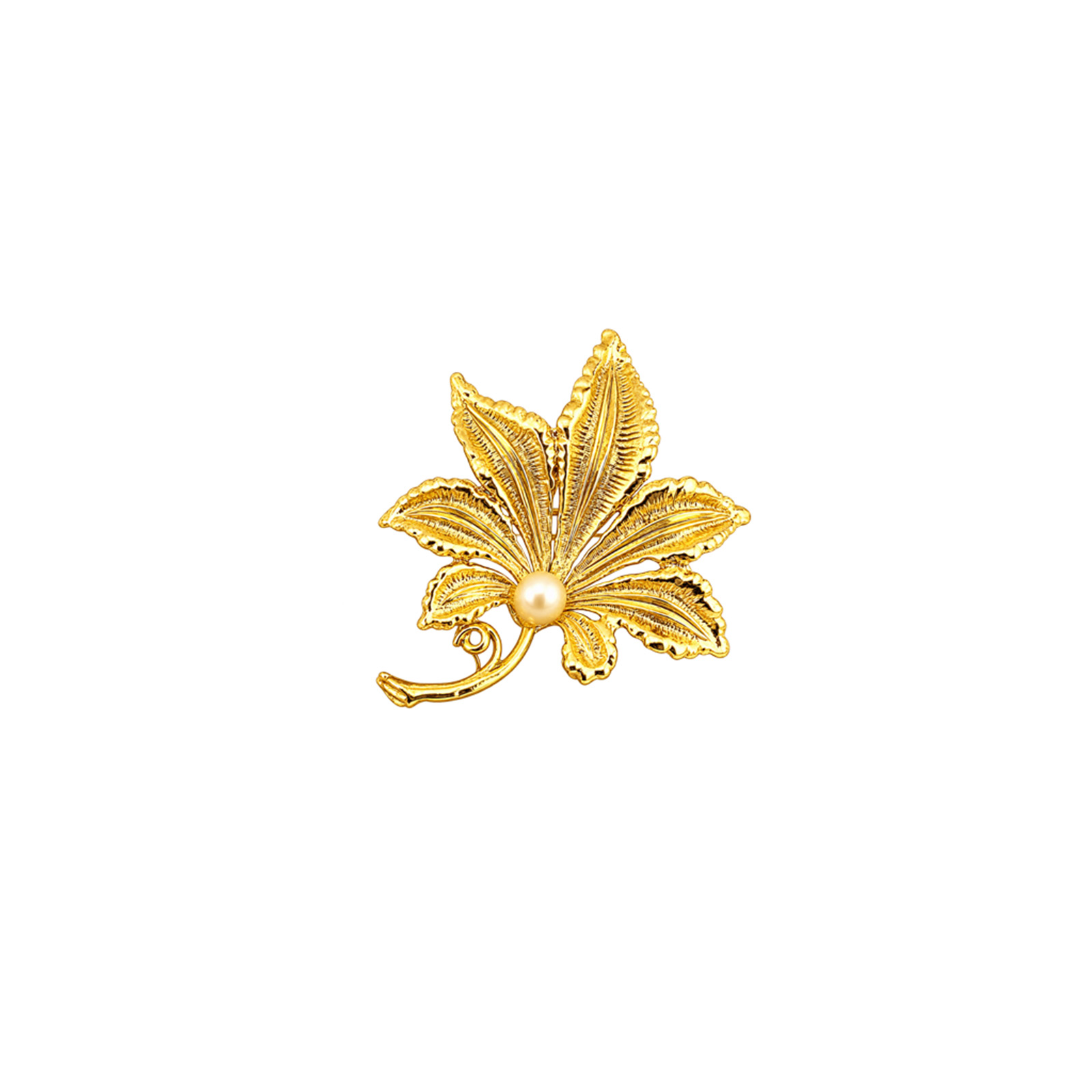 Gold Leaf Pearl Brooch Front Vintage Sphinx Gold Leaf Brooch 1980s