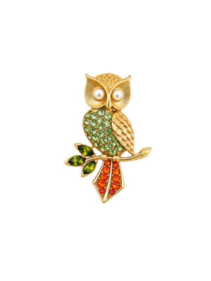 Vintage 1980s Gold Uranium Glass Owl Brooch