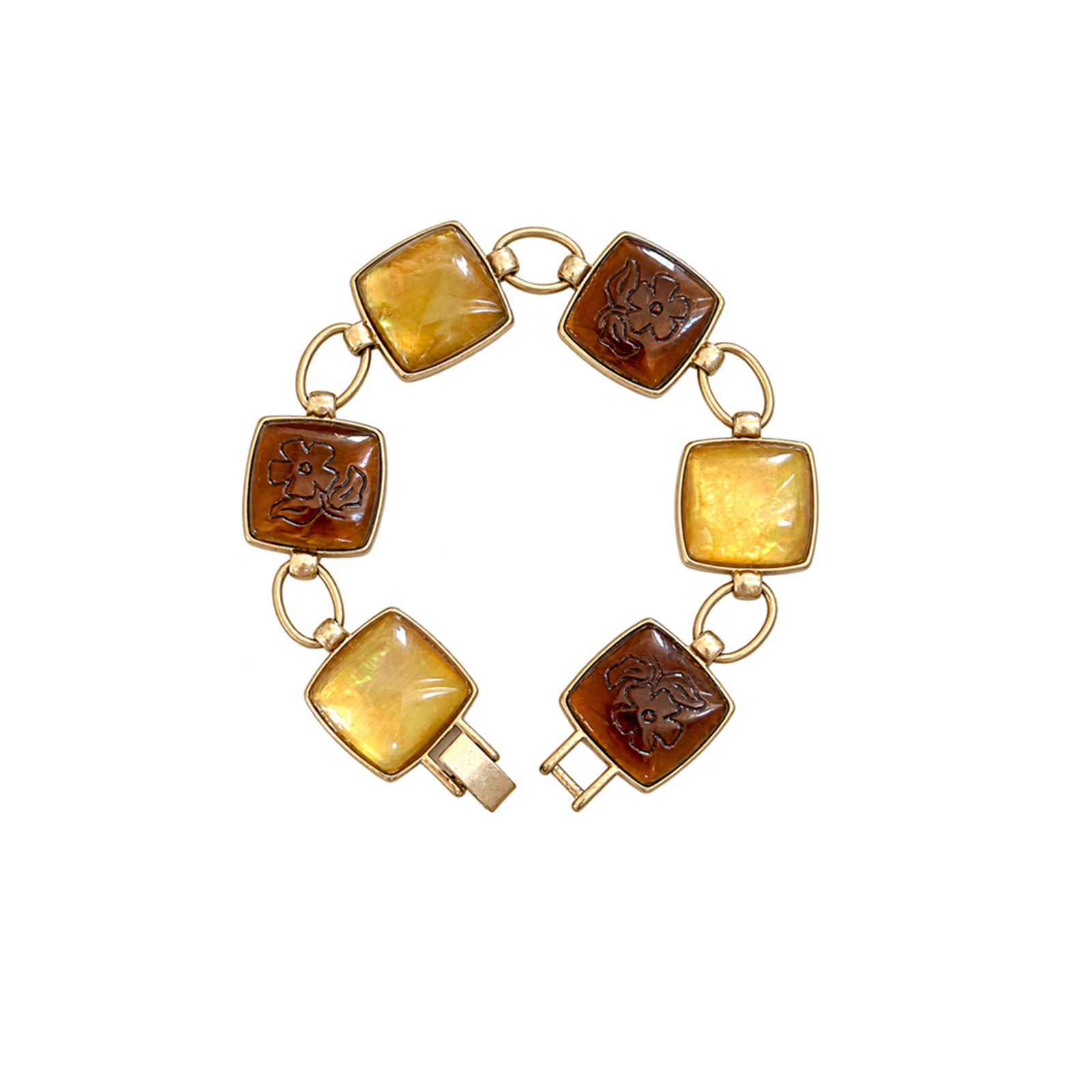 Monet Gold Red Glass Bracelet Front Vintage Monet Gold Geometric Link Bracelet 1950s