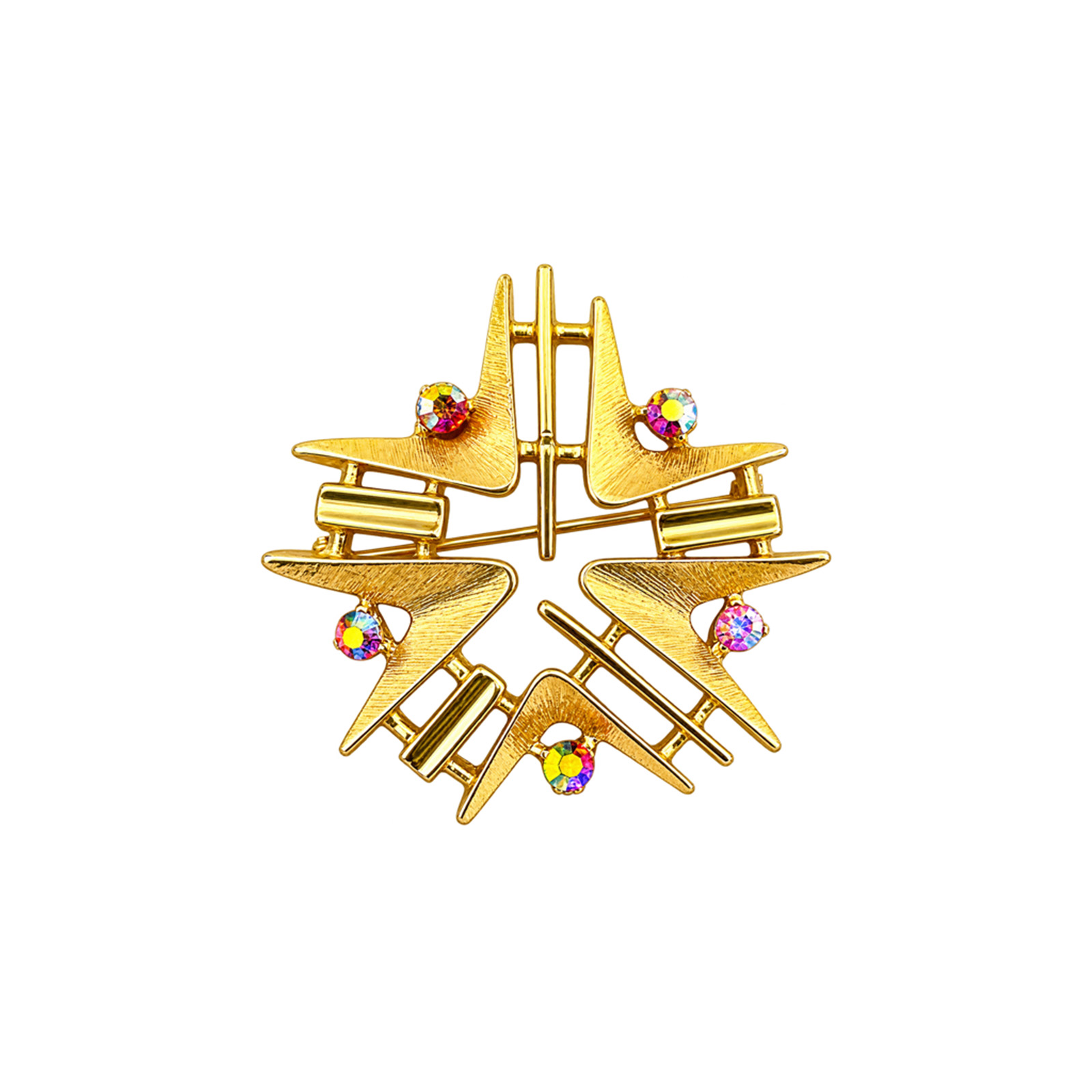 Openwork Star Crystal Brooch Front Vintage 1980s Gold Abstract Star Brooch